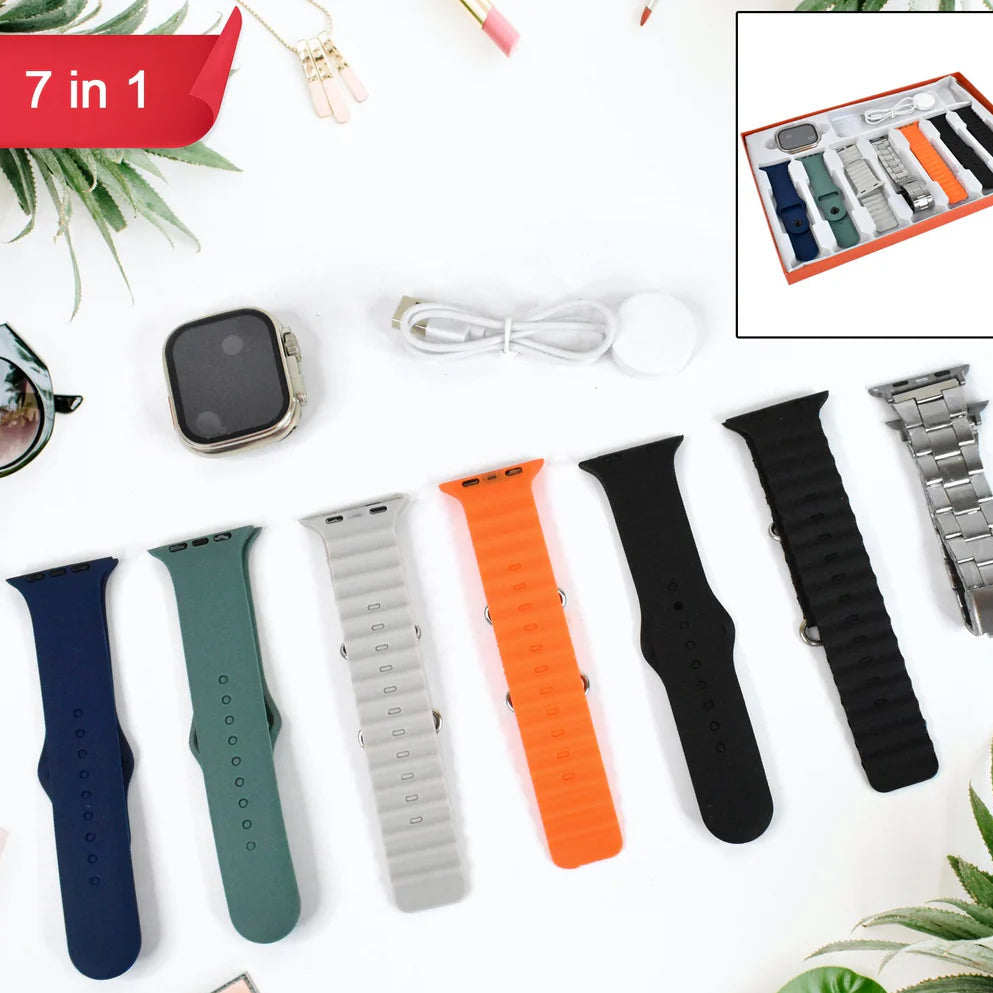 7 In 1 Ultra Smart Watch Combo With Seven Classic Straps  Transparent Screen Guard (1 Set  Mix Color) - Happy Price - Image 1