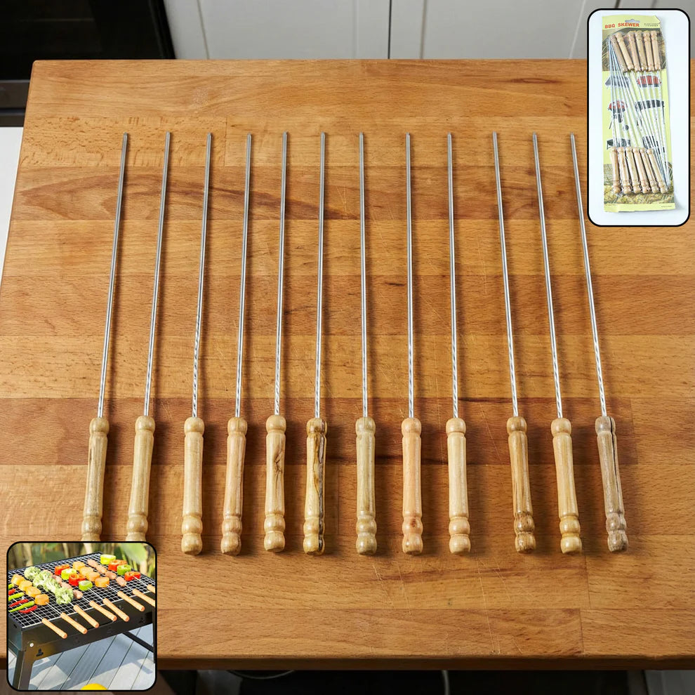 Barbecue Skewers For Bbq Tandoor And Gril With Wooden Handle - Pack Of 12