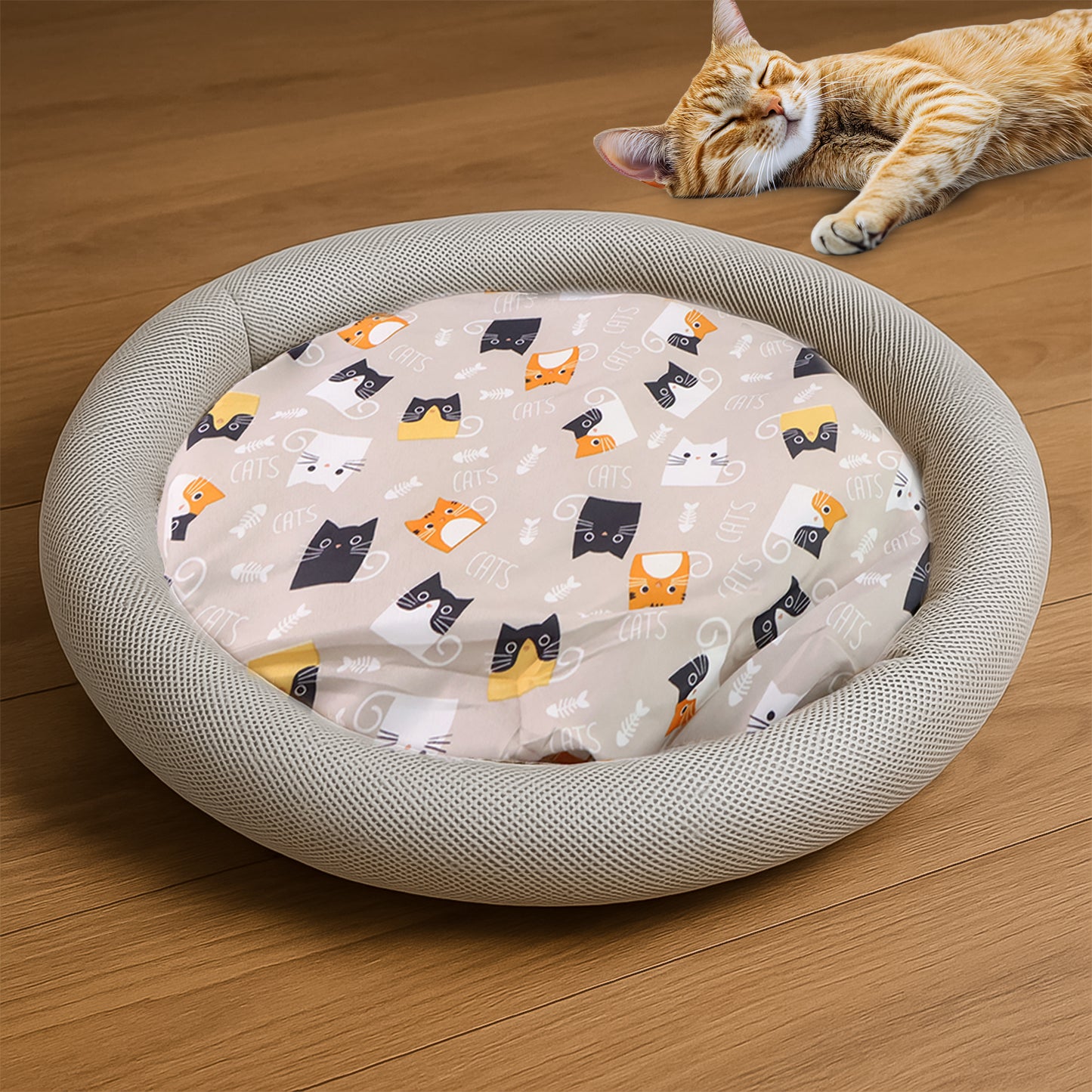 Round Soft Plush Cat Bed With Cartoon Cat Print Cushion  1 Pc - Happy Price - Image 6