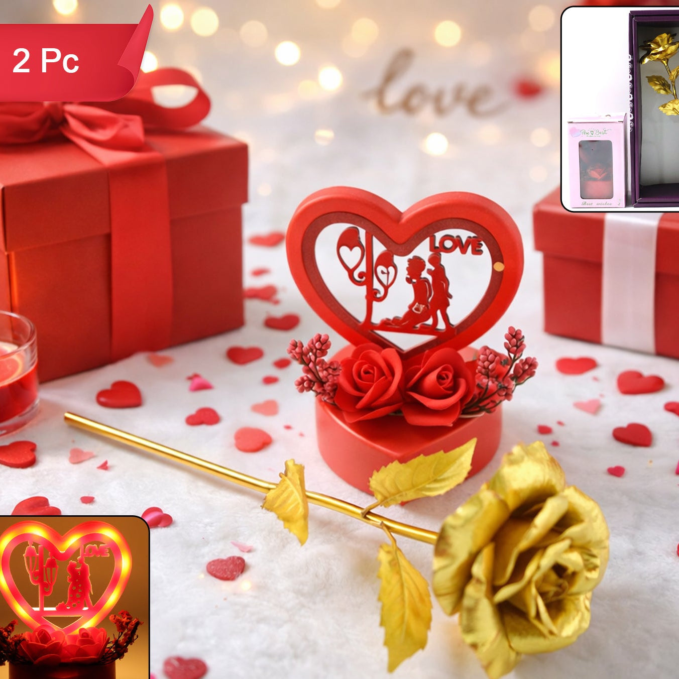 Heart Love Showpiece with Golden Rose Gift Set (2 Pc) - Happy Price - Image 1