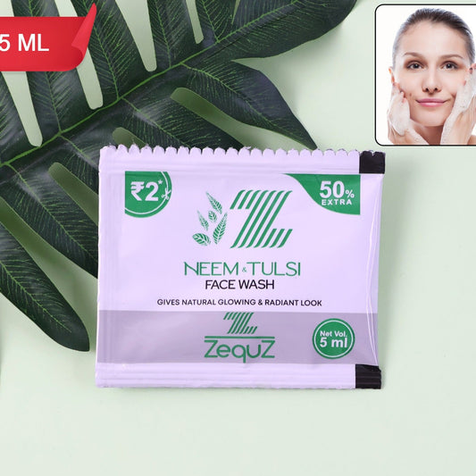 Zequz Neem Tulsi Herbal Face Wash Sachet - 5ml Single Use Pack - Happy Price - Image 1