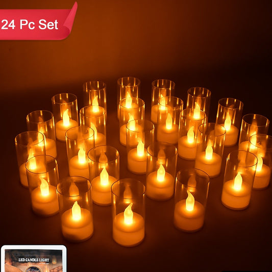 Set of 24 LED Flameless Candles with Clear Covers - Battery Operated Flickering Lights - Happy Price - Image 1