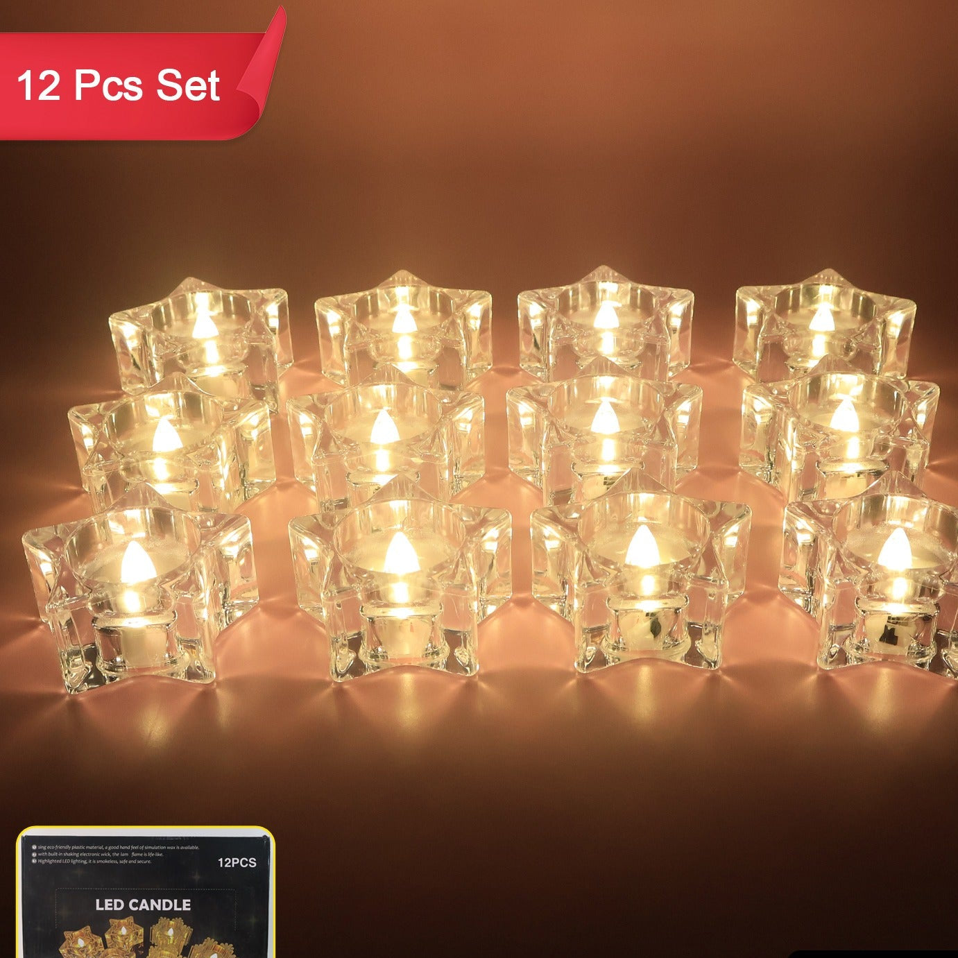 Set of 12 Crystal Effect LED Flameless Candles - Smokeless Battery Operated Tealights - Happy Price - Image 1