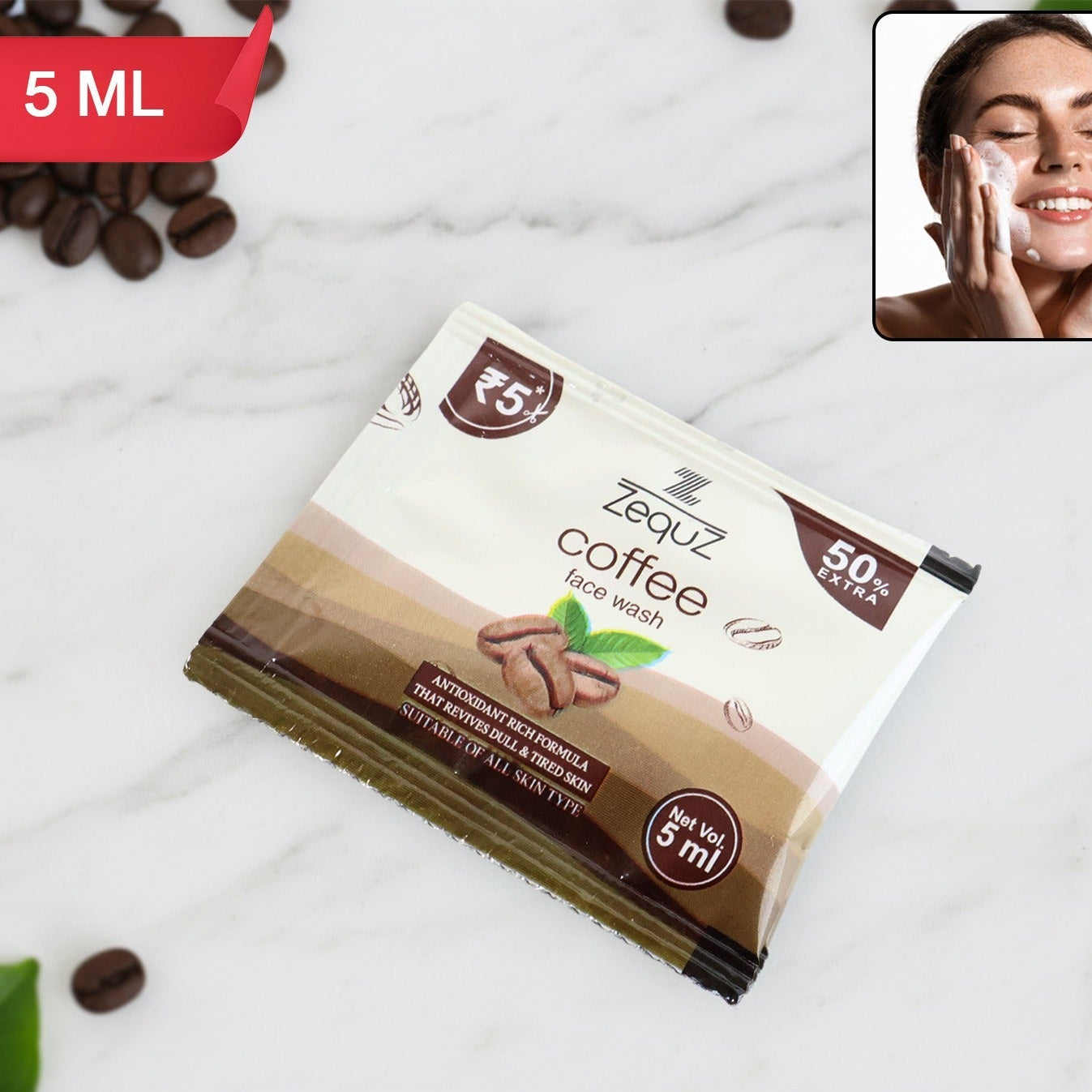 Zequz Coffee Face Wash Sachet - 5 ml, 1 Pc | Revitalizing Daily Cleanser - Happy Price - Image 1