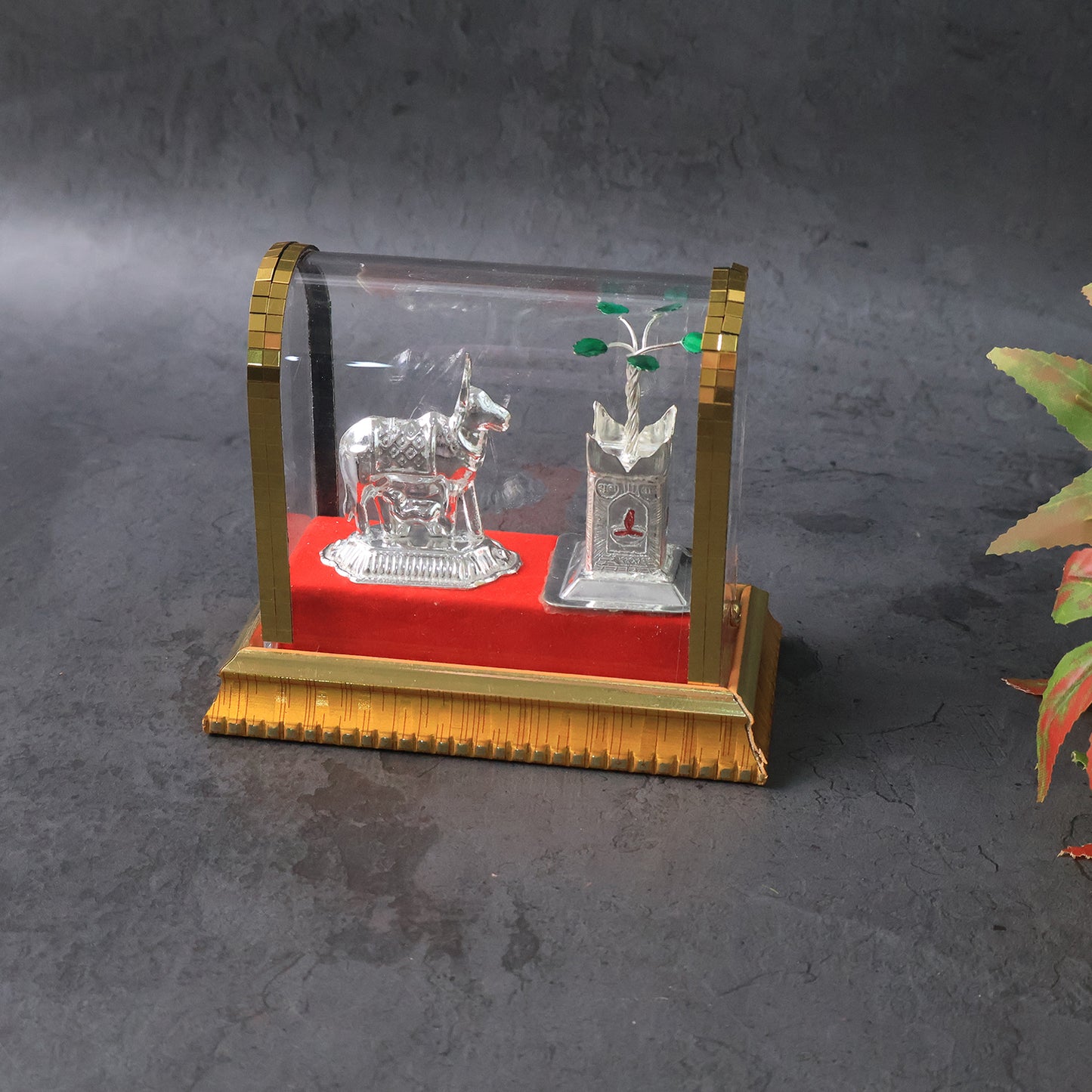 Silver-Plated Kamdhenu Cow with Calf and Tulsi Idol Set in Acrylic Case - Happy Price - Image 6