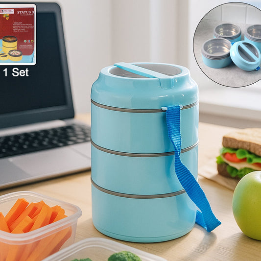 3 Layer Insulated Lunch Box Set with Handle & Strap - Stackable Tiffin Carrier - Happy Price - Image 1