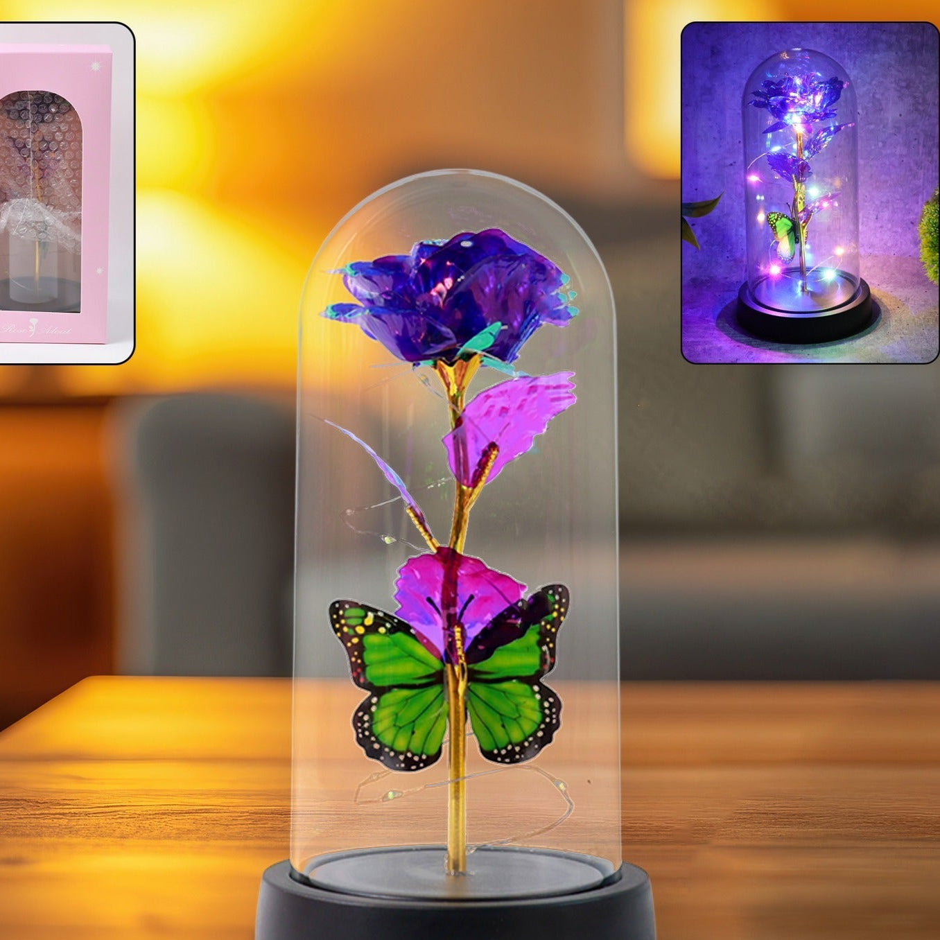 Led Preserved Rose With Colorful Butterfly In Plastic Dome (1 Pc  Mix Color) - Happy Price - Image 1