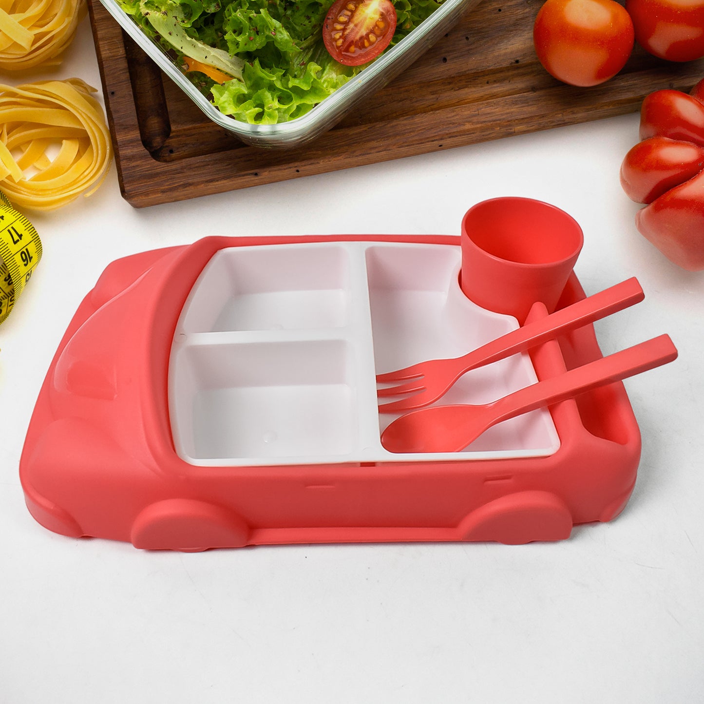 Kids Car Shaped Plates Cup  Lunch Box Dinnerware Set (4 Pcs Set  1000 Ml Lunch Box) - Happy Price - Image 2