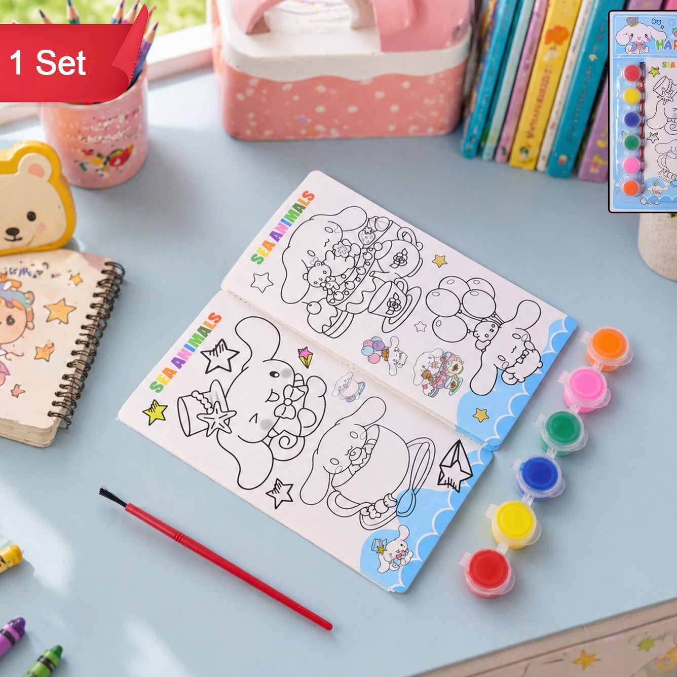 Kids Diy Colour Painting Kit With Cartoon Sketch Book (1 Set)