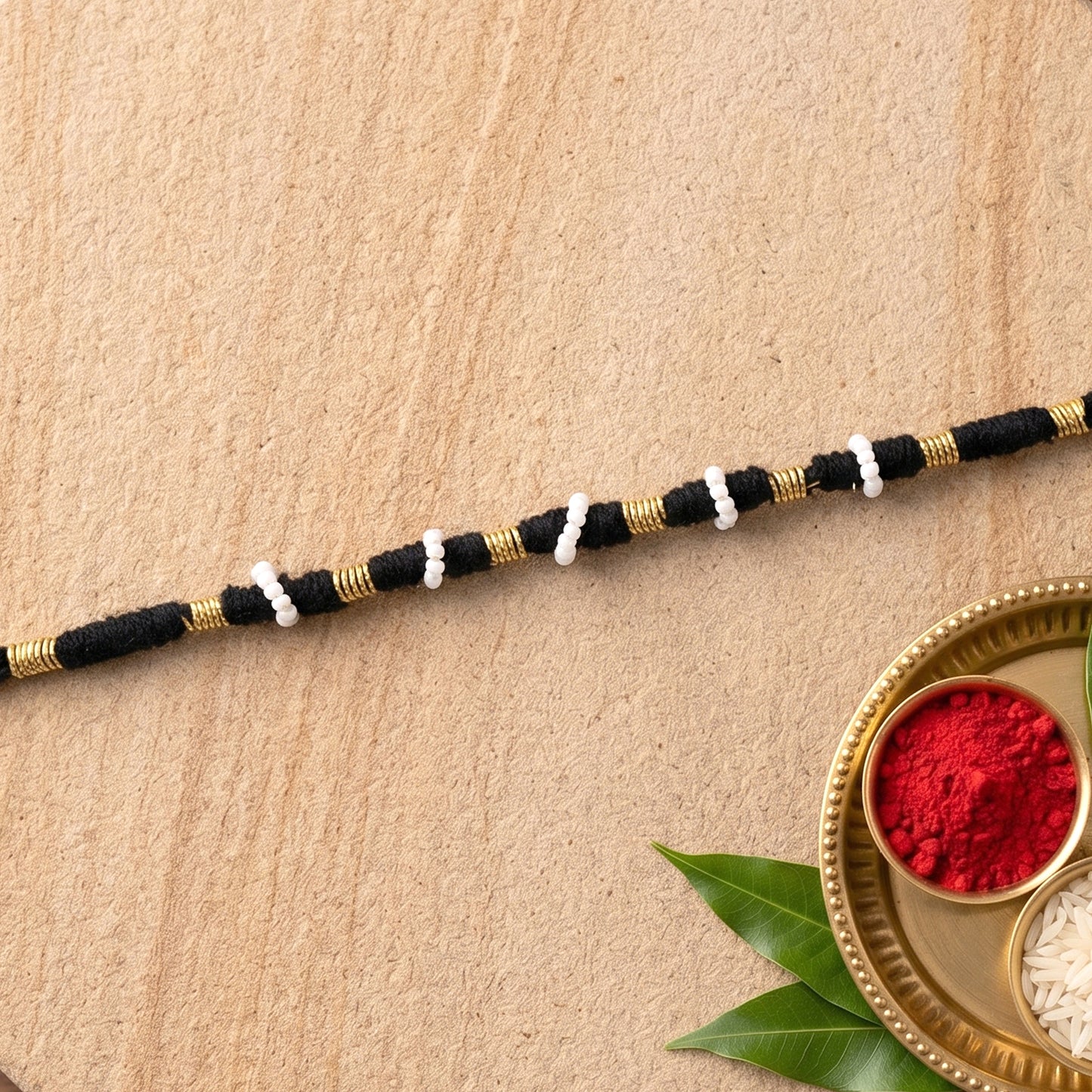 Handmade Black Rakhi Bracelet with White Beads (1 Pc) - Happy Price - Image 6