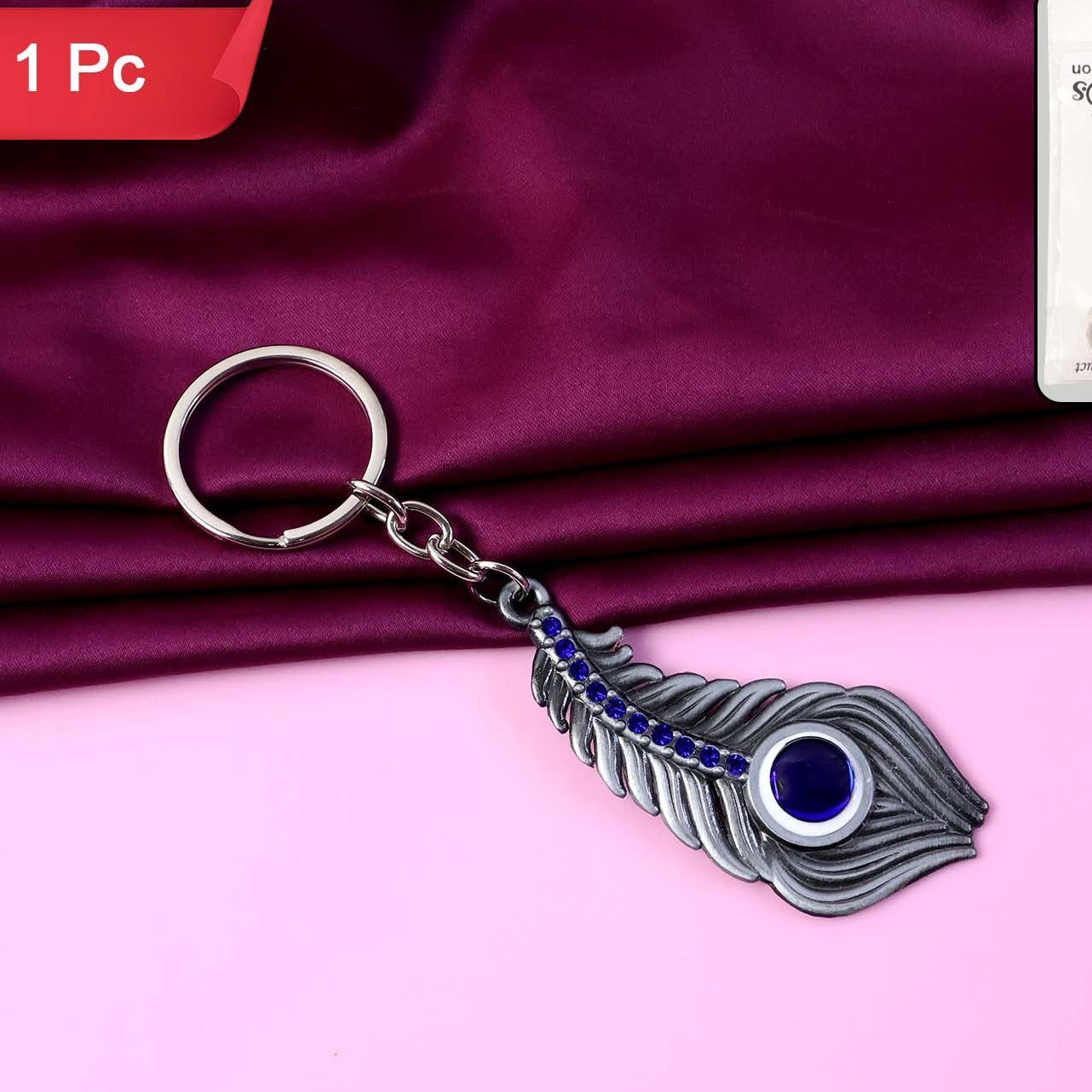 Metal Peacock Feather Keychain with Blue Gem Accent - 1 Pc - Happy Price - Image 1