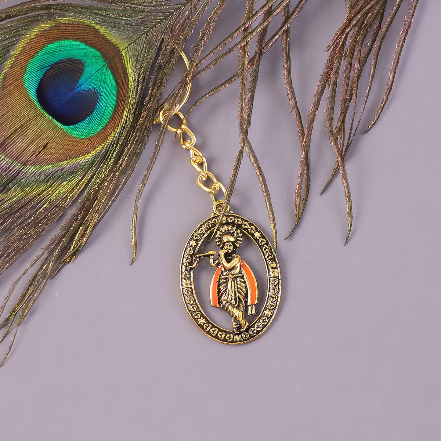 Lord Krishna Metal Keychain - Antique Finish Decorative Religious Key Ring (1 Pc) - Happy Price - Image 3