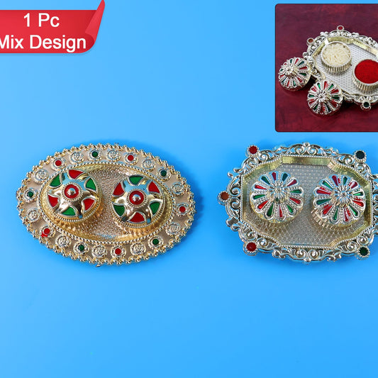 Meenakari Pooja Thali Set with 2 Bowls & Lids - Decorative Kumkum Haldi Container (1 Pc, Assorted Design) - Happy Price - Image 1