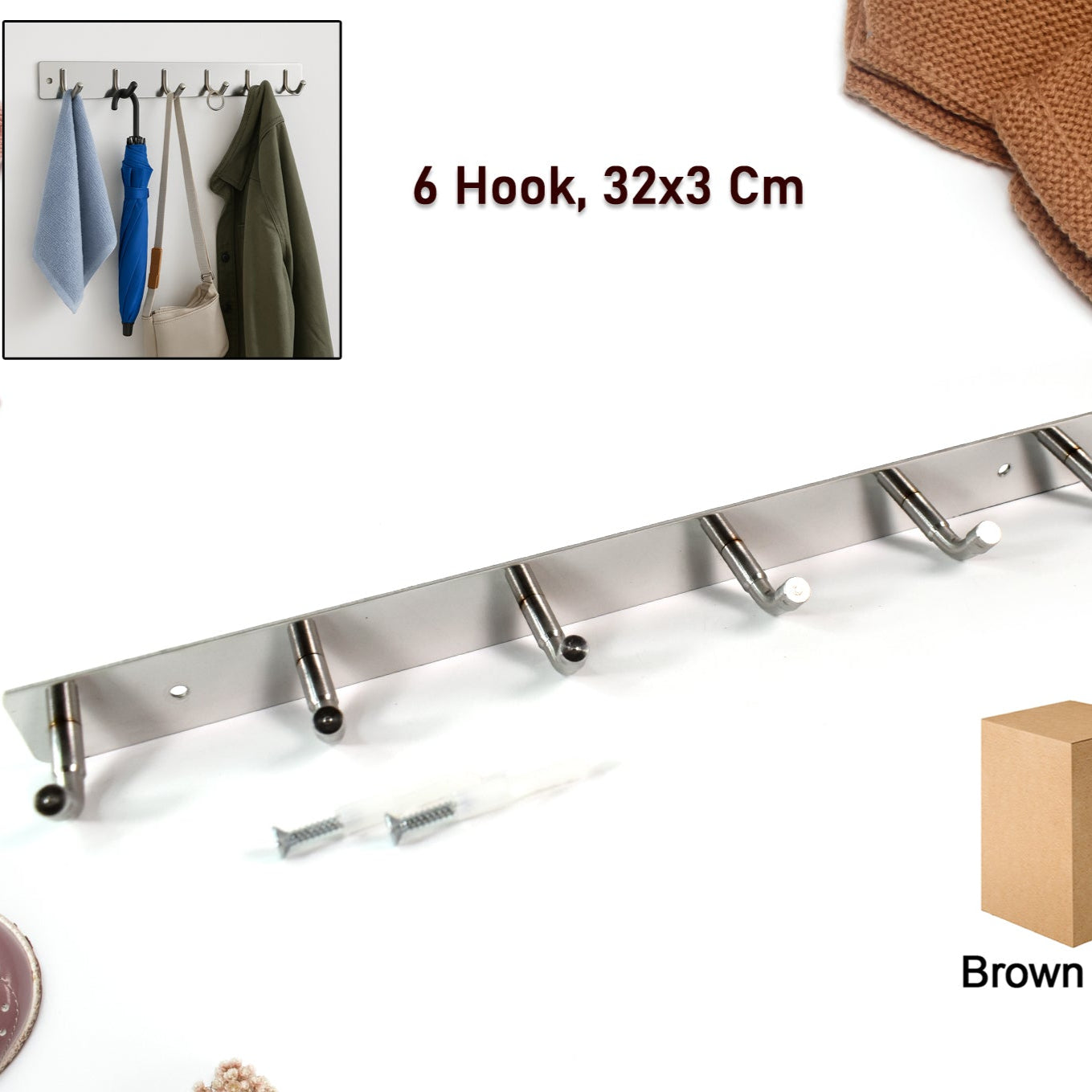 Stainless Steel Wall Mounted Coat 6 Hook Rack (32x3  1pc) - Happy Price - Image 1