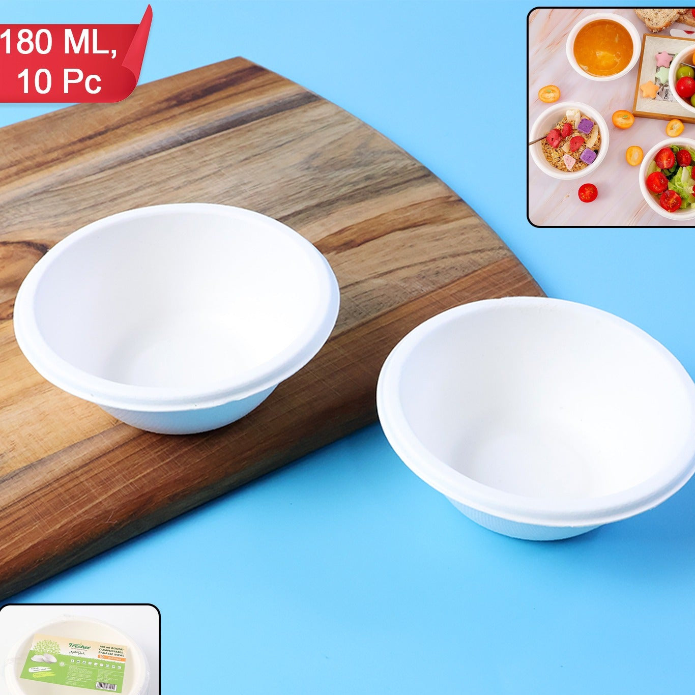 180 ML Round Compostable Bagasse Bowls - Pack of 10 - Happy Price - Image 1
