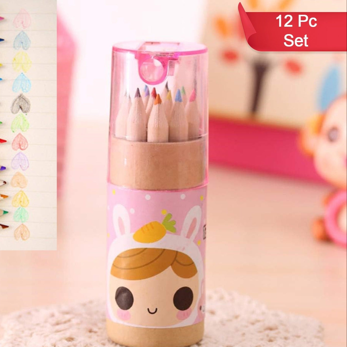 12 Colouring Pencils Kids Set Pencils Sharpener Mini Drawing Colored Pencils With Sharpener Kawaii Manual Pencil Cutter Coloring Pencil Accessory School Supplies For Kid Artists Writing Sketching - Happy Price - Image 1