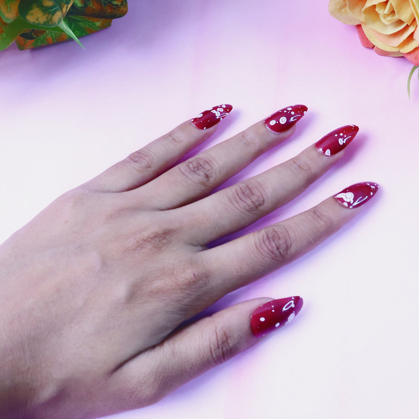 Burgundy Floral Artificial Nails - 1 Set (12 Pcs) Reusable Press-On with Adhesive Tabs - Happy Price - Image 3