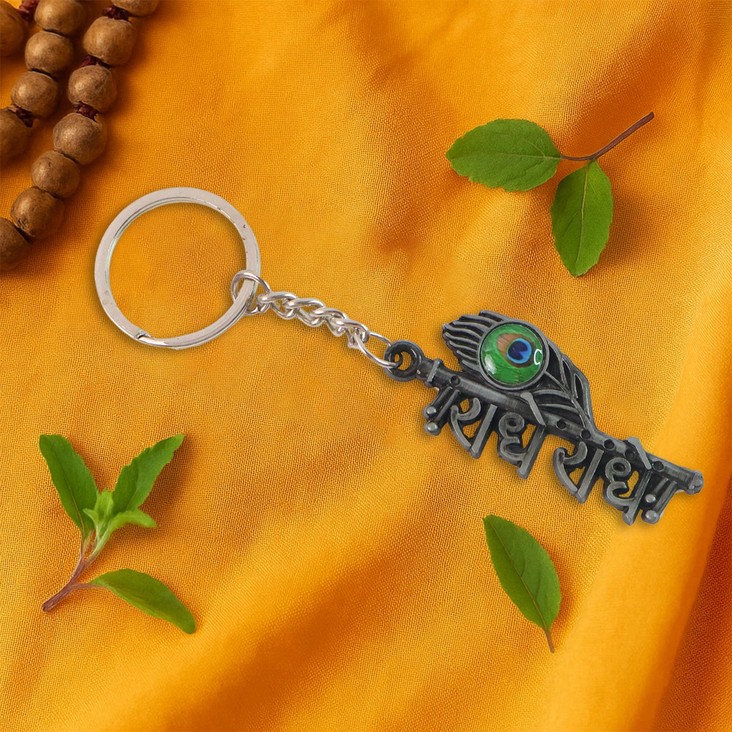 Radha Krishna Metal Keychain - "Radhe Radhe" Design with Peacock Feather (1 Pc) - Happy Price - Image 3