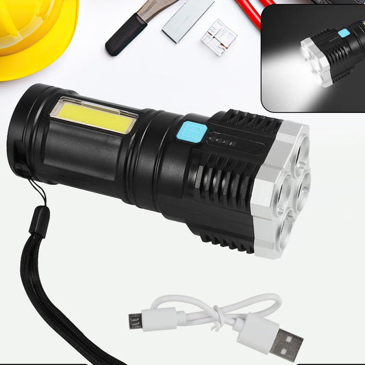 Multifunctional Strong 4 Led Torch Light Portable Rechargeable Flashlight Long Distance Beam Range 800 Lumens Cob Light 4 Mode Emergency For Hiking Walking Camping (4 Led Torch) - Happy Price - Image 1