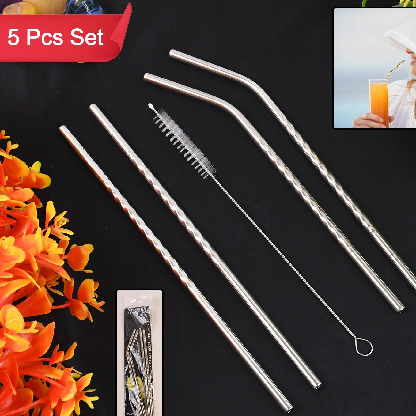 Reusable Stainless Steel Straws Set Of 5 (2 Straight Straws 2 Bent Straws 1 Brush) - Happy Price - Image 1