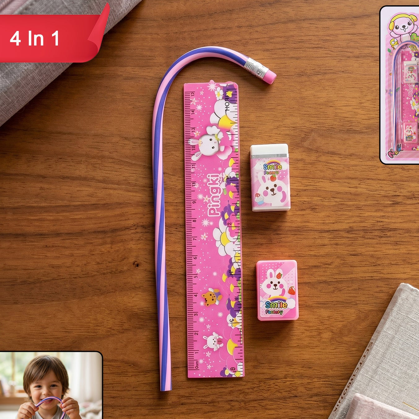Cute Pink 4-in-1 Stationery Set for Kids - Ruler, Pencil, Eraser, Sharpener - Happy Price - Image 1