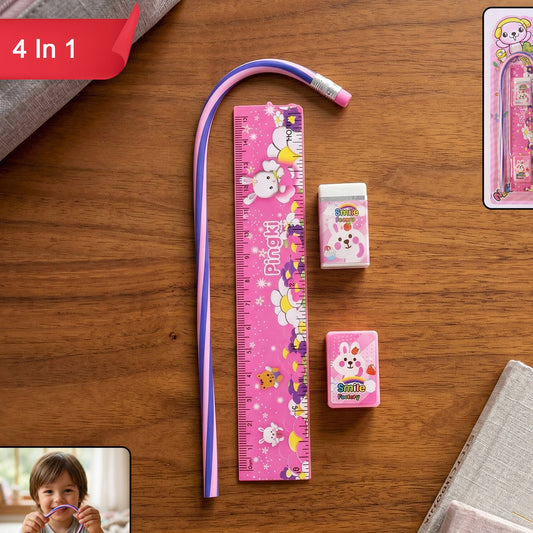 Cute Pink 4-in-1 Stationery Set for Kids - Ruler, Pencil, Eraser, Sharpener - Happy Price - Image 1