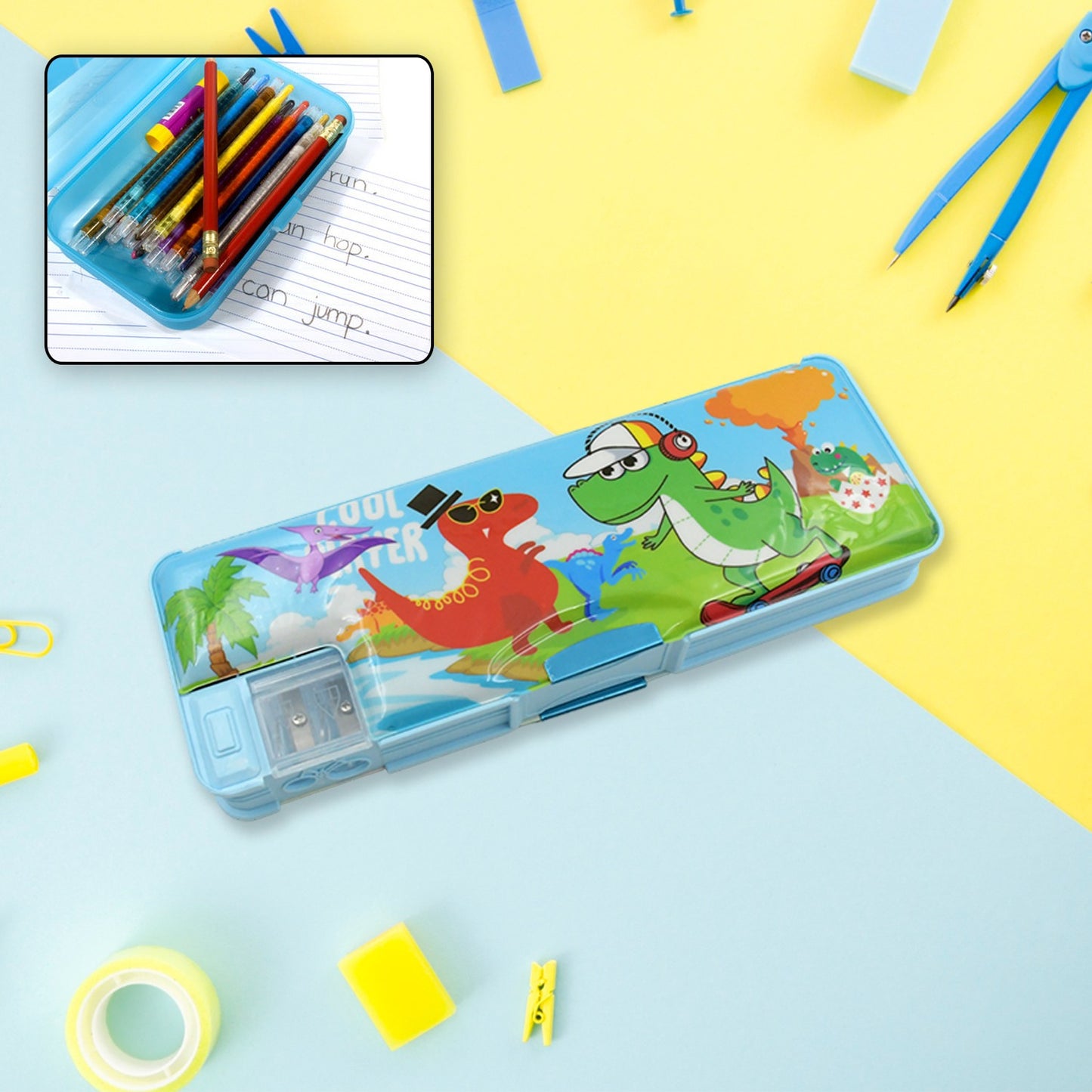 Multipurpose Compass Box Plastic Double Deck Pencil Case With 2 Compartments Supplies Utility Box Storage Organizer Pencil Box For School Cartoon Printed Pencil Case For Kids Birthday Gift For Girls  Boys (1 Pc Mix Design) - Happy Price - Image 2