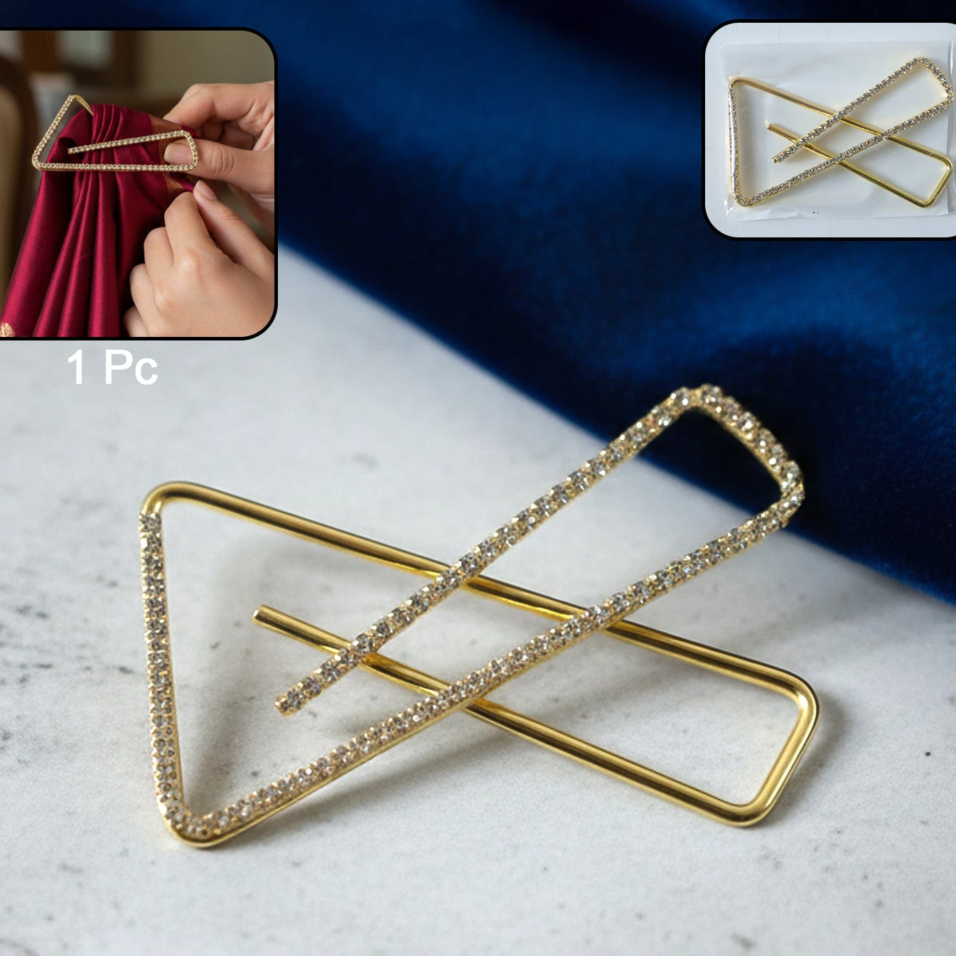Premium Golden Crystal Triangle Saree Safety Pin Brooch (1 Pc)