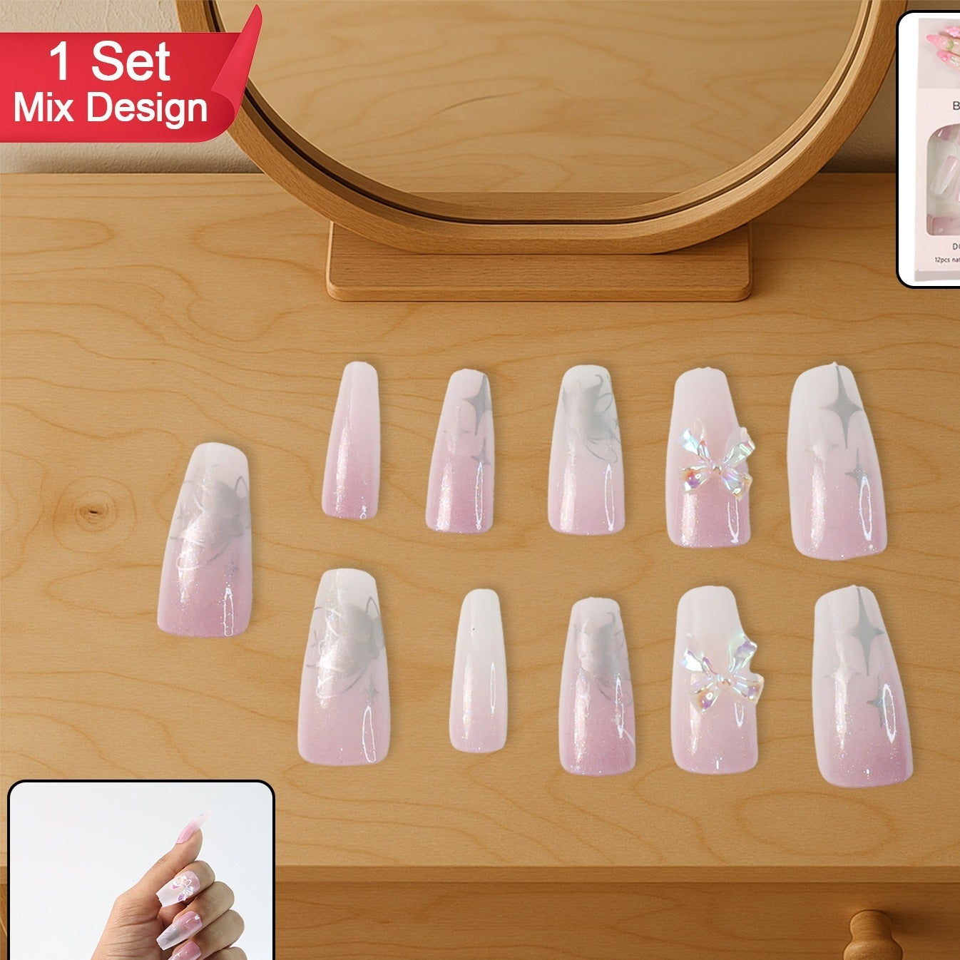 Artificial Press-On Nails - Long Coffin Shape, Mix Design, Glossy Finish (1 Set) - Happy Price - Image 1