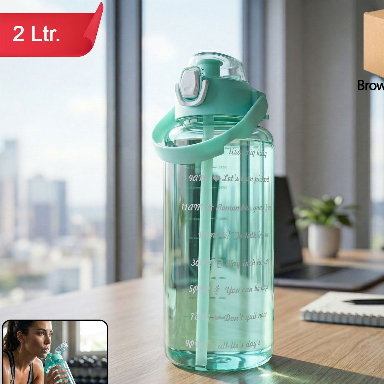 2 Litre Large Capacity Sports Water Bottle with Straw and Carry Handle - Leakproof Hydration Bottle (1 Pc) - Happy Price - Image 1