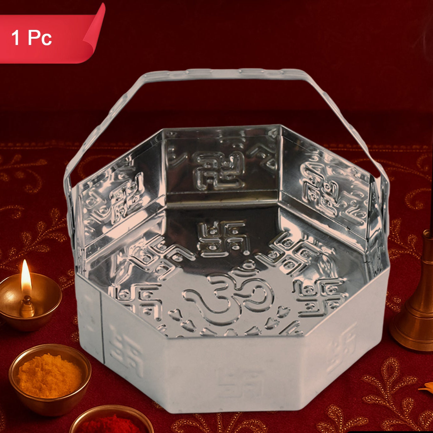 Traditional Stainless Steel Octagon Pooja Basket 1 Pc With Handle - Happy Price - Image 1