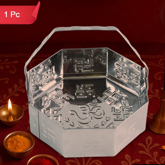 Traditional Stainless Steel Octagon Pooja Basket 1 Pc With Handle - Happy Price - Image 1
