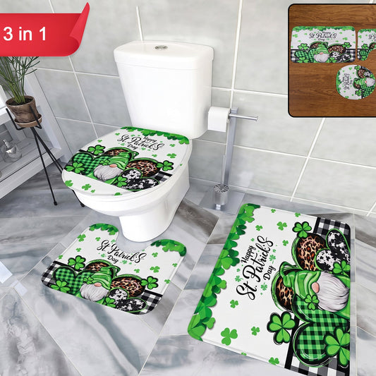 3 Piece Bathroom Mat Set - Mix Design Bath Rug, U-Shape Mat & Toilet Lid Cover - Happy Price - Image 1