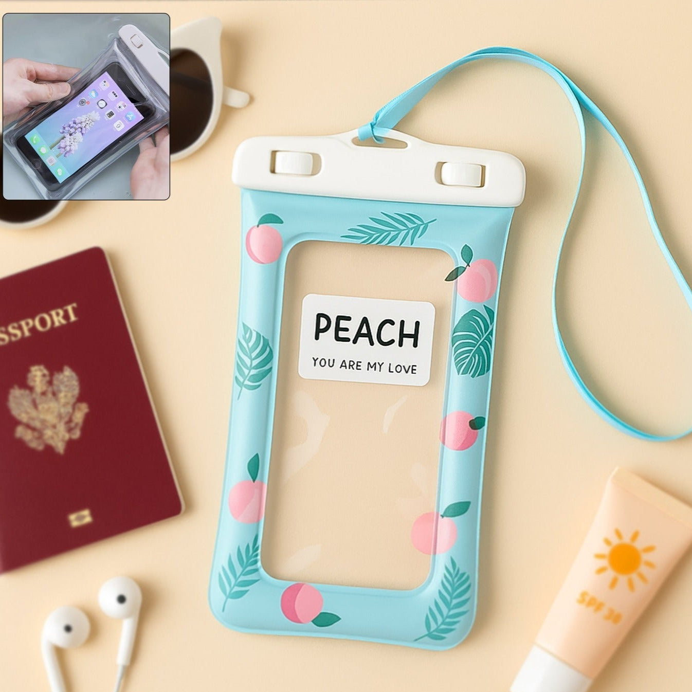 Waterproof Peach Transparent Mobile Pouch With Neck Strap (1 Pc) - Happy Price - Image 1