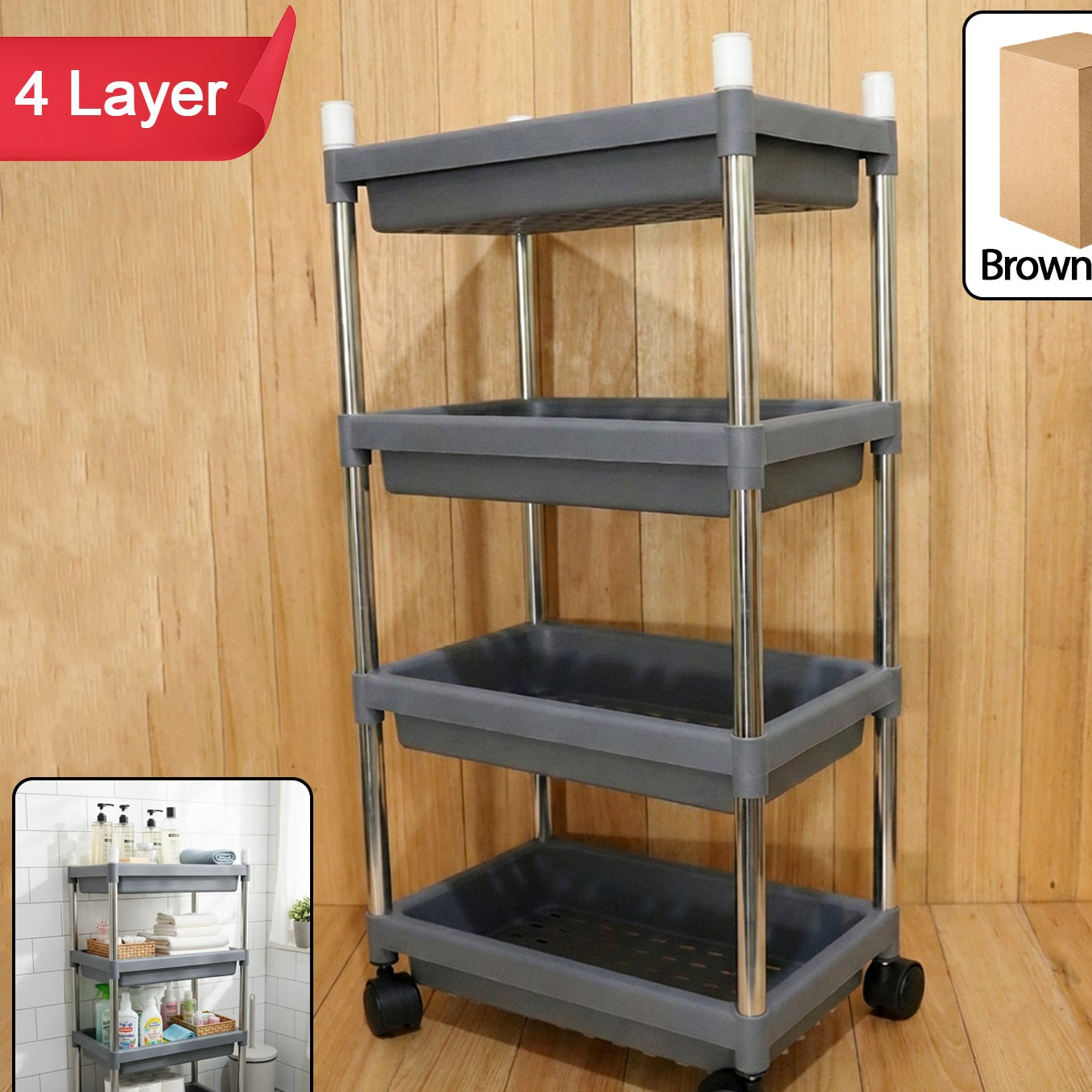 4-Tier Rolling Storage Cart with Wheels - Stainless Steel Frame Organizer - Happy Price - Image 1