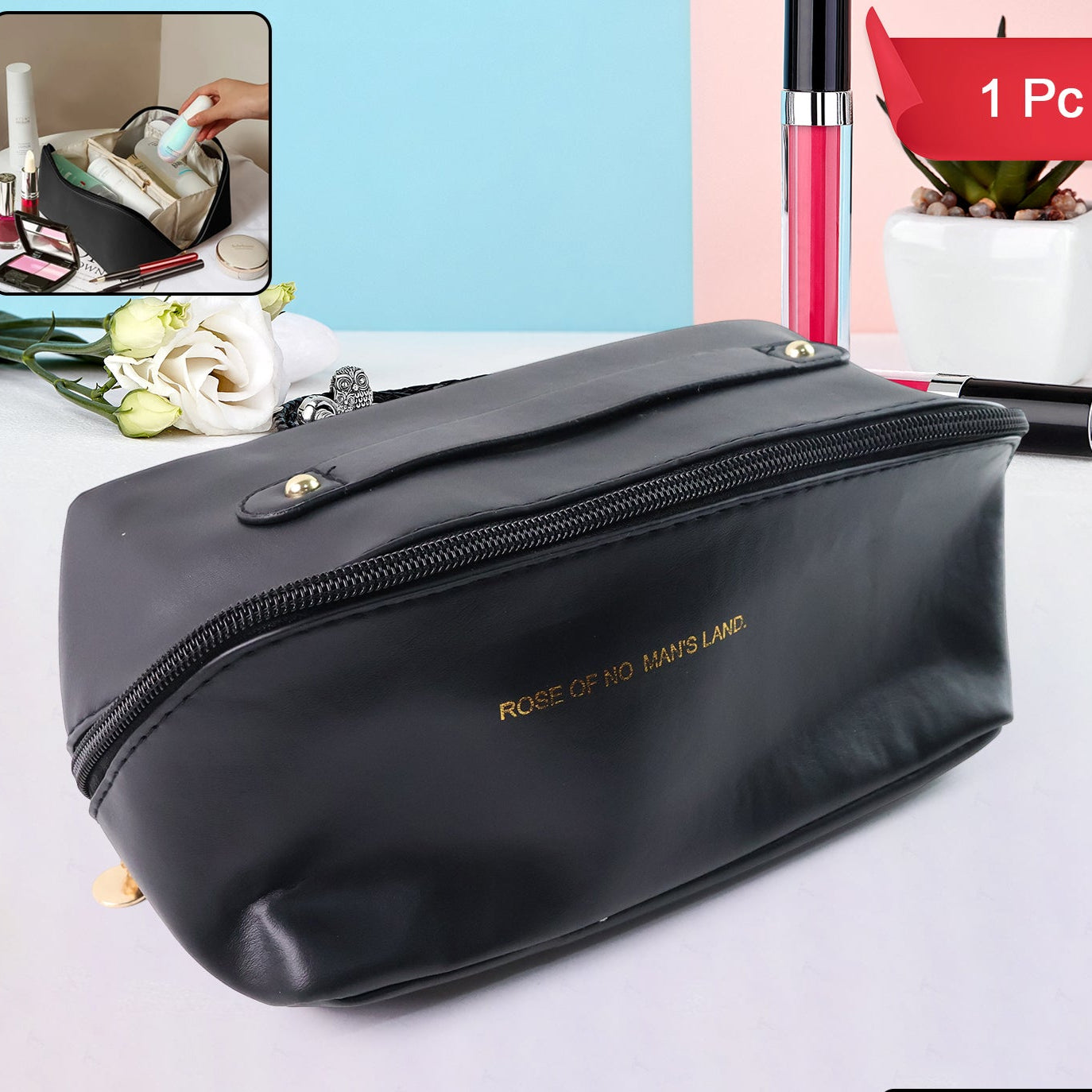 Premium Black Travel Makeup  Toiletry Organizer Pouch With Zipper  Handle (1 Pc) - Happy Price - Image 1