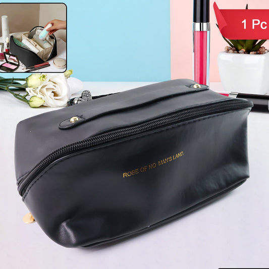 Premium Black Travel Makeup  Toiletry Organizer Pouch With Zipper  Handle (1 Pc) - Happy Price - Image 1