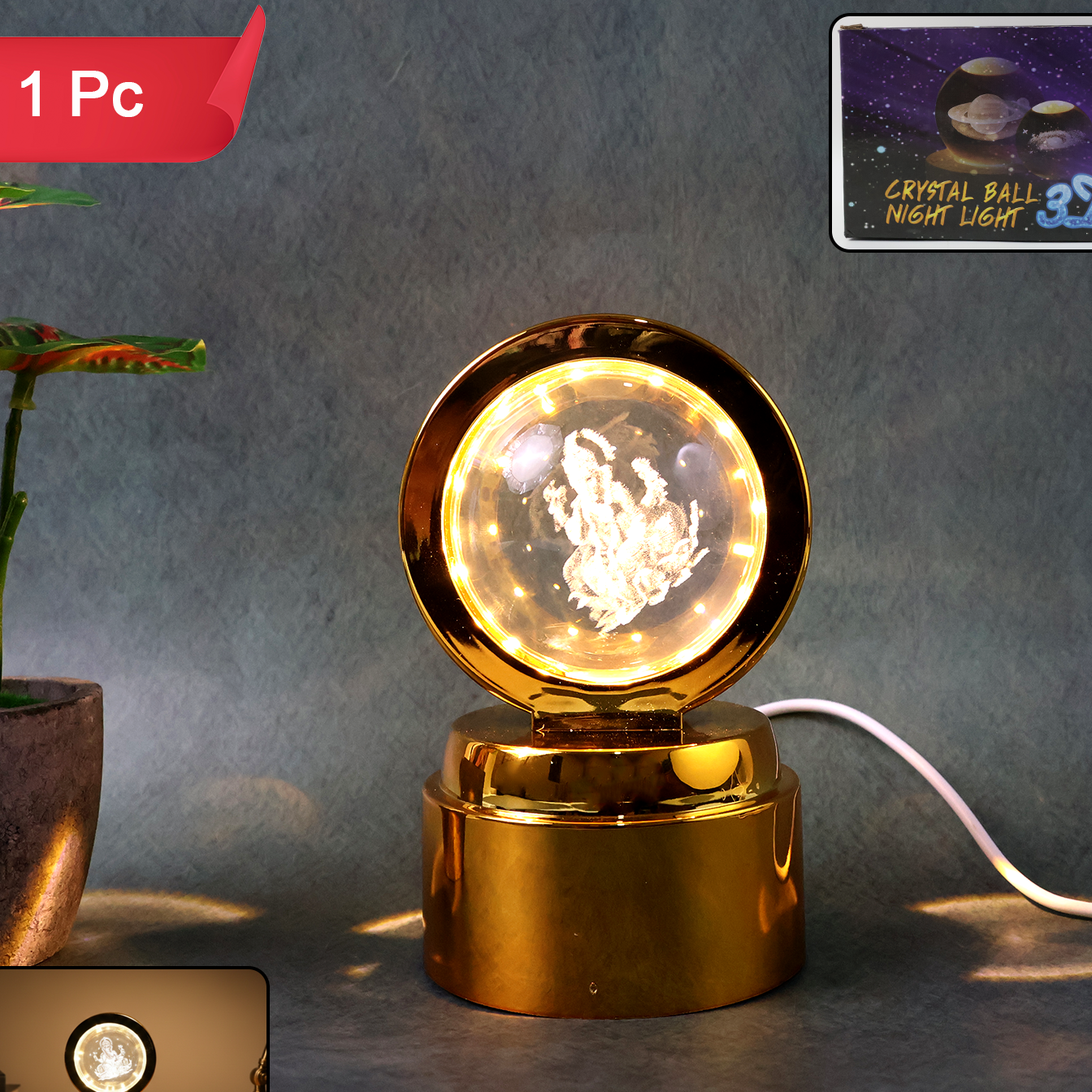 Ganpati Bapa 3d Crystal Ball Night Light With Led Illumination (1 Pc)