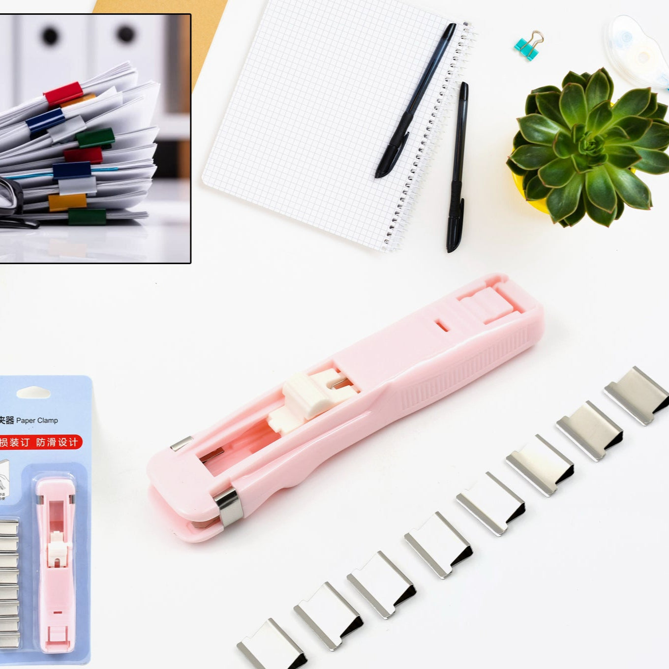 Portable Paper Clamp With 8 Pcs Clip Dispenser Handheld Paper Fast Clam (1 Set) - Happy Price - Image 1
