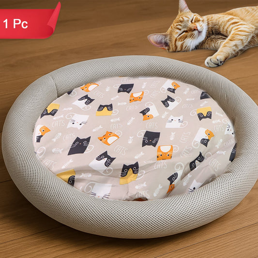 Round Soft Plush Cat Bed With Cartoon Cat Print Cushion  1 Pc - Happy Price - Image 1
