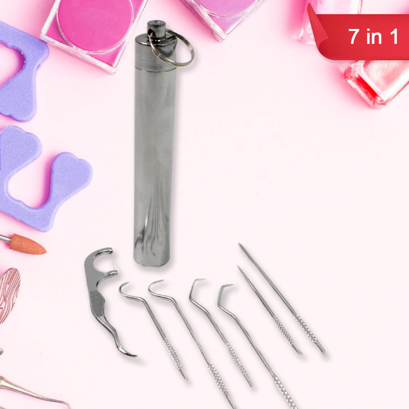 7 In 1 Stainless Steel Toothpick Flossier Set (1 Set  With Case) - Happy Price - Image 1