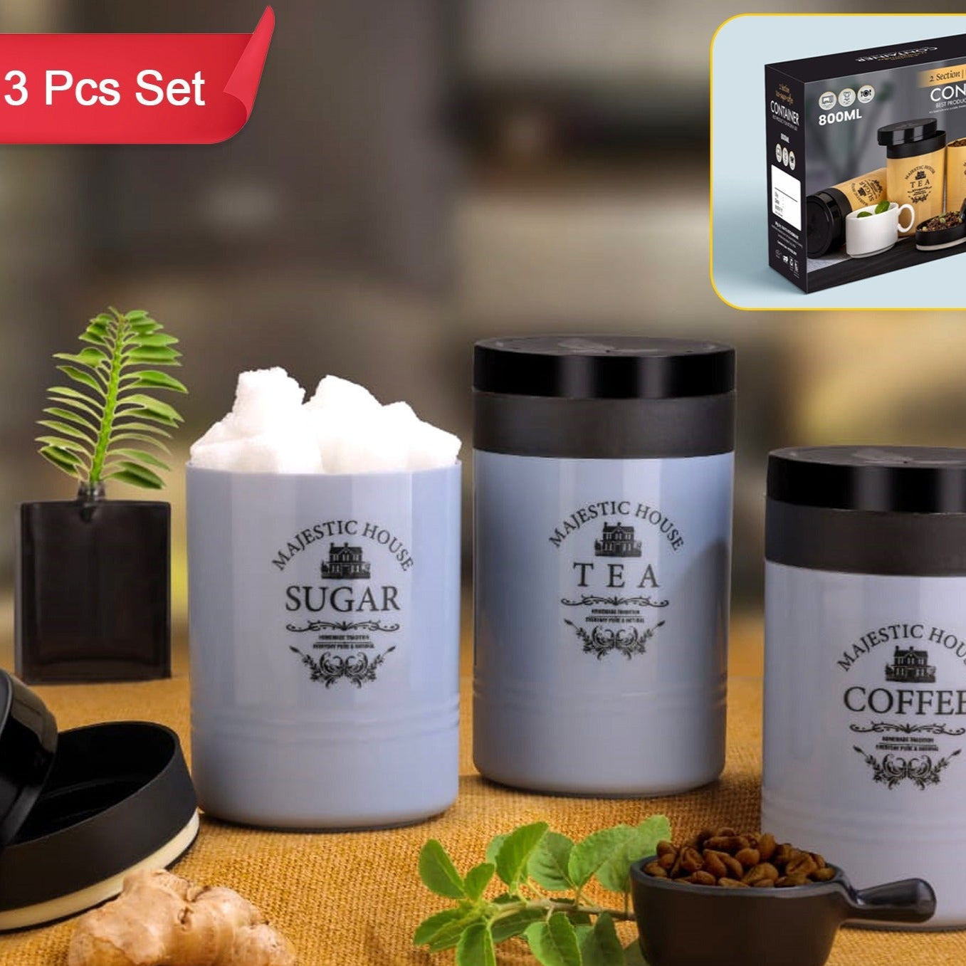 Accurate Seal Tea Sugar Coffee Container - 3 Pcs Plastic Damru Shaped Tea Coffee Sugar Canisters Jar New Airtight Food Seal Containers For Salt Dry Fruit Grocery Multicolor (3 Pcs Set) - Happy Price - Image 1