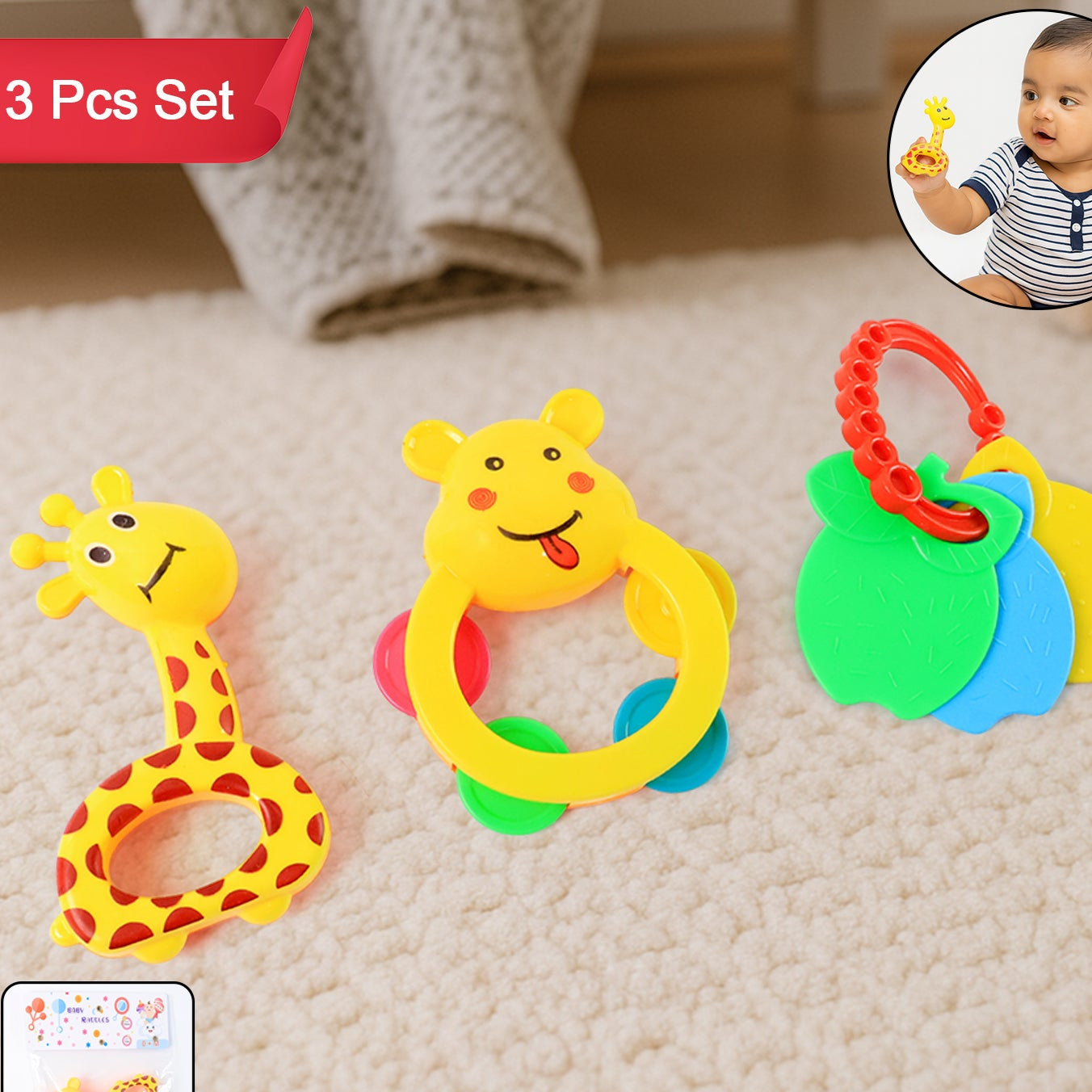 3 Pcs Set Colorful Animal Shape Baby Rattle Toy - Happy Price - Image 1