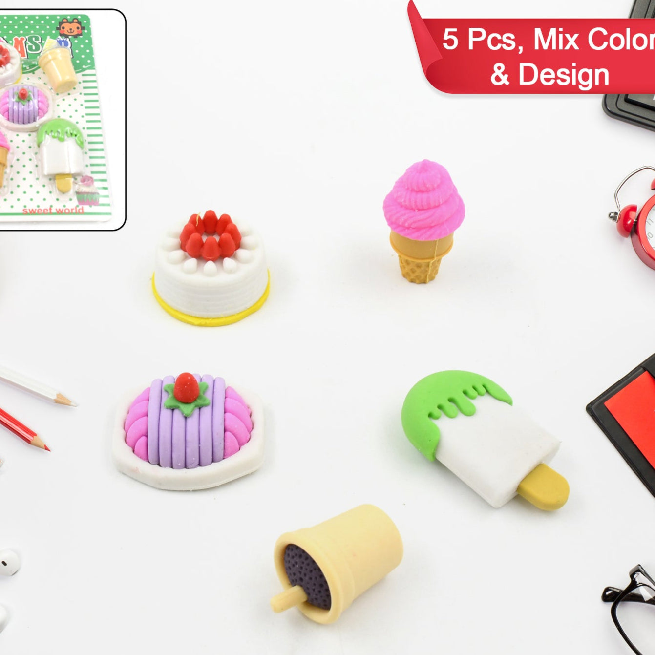 18032 3d Mix Design Fancy  Stylish Colorful Erasers Mini Eraser Creative Cute Novelty Eraser For Children Different Designs Eraser Set For Return Gift Birthday Party School Prize (1 Set) - Happy Price - Image 1