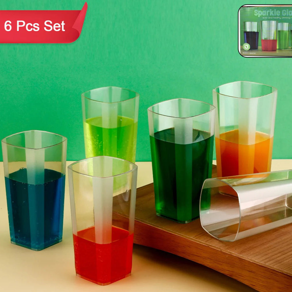 Unbreakable Stylish Transparent Square Design Waterjuicebeerwine Tumbler Plastic Glass Set ( 300 Ml Pack Of 6) - Happy Price - Image 1