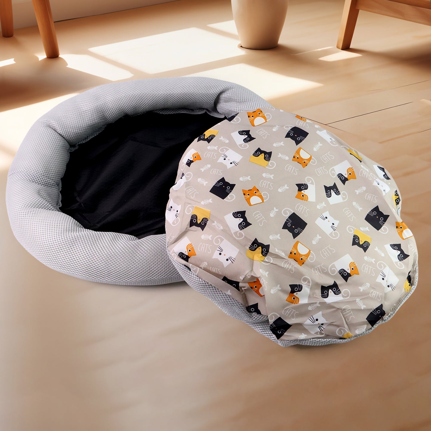 Round Soft Plush Cat Bed With Cartoon Cat Print Cushion  1 Pc - Happy Price - Image 5