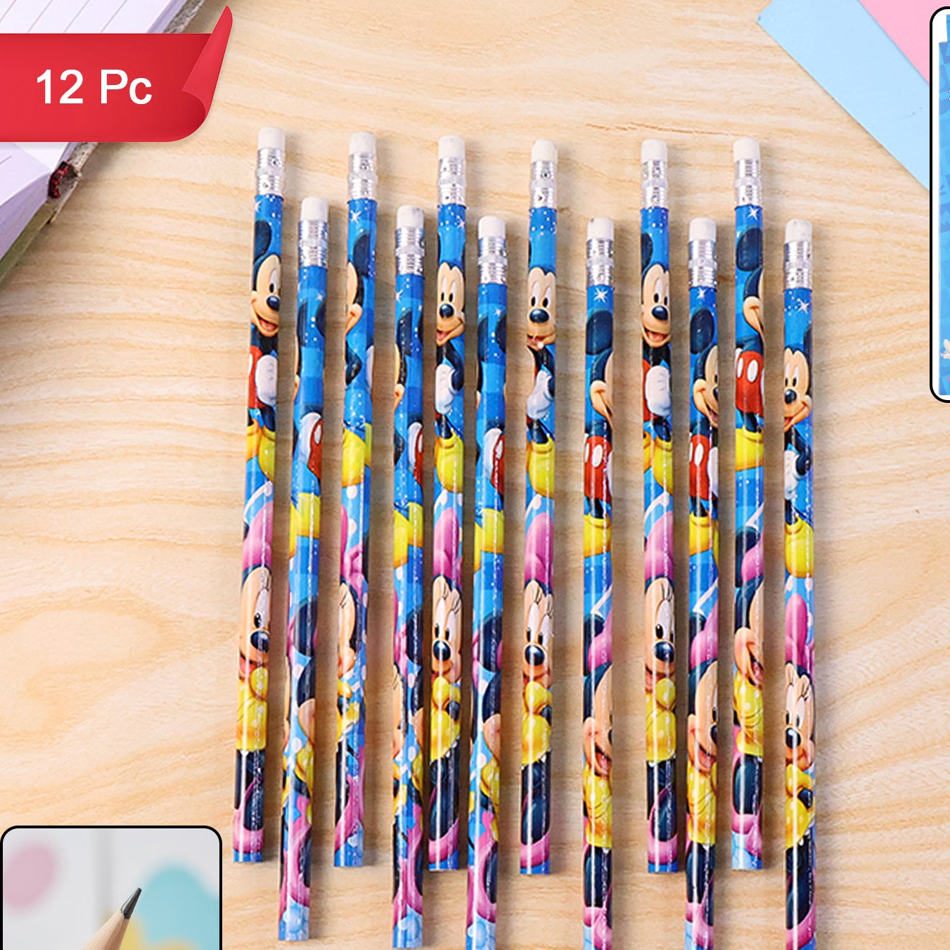 12 Pencils with Cartoon Prints & Eraser Tips - Kids' Stationery Set - Happy Price - Image 1