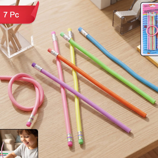 7 Pc Flexible Magic Pencils with Erasers - Colorful Soft Bendable Writing Tools - Happy Price - Image 1