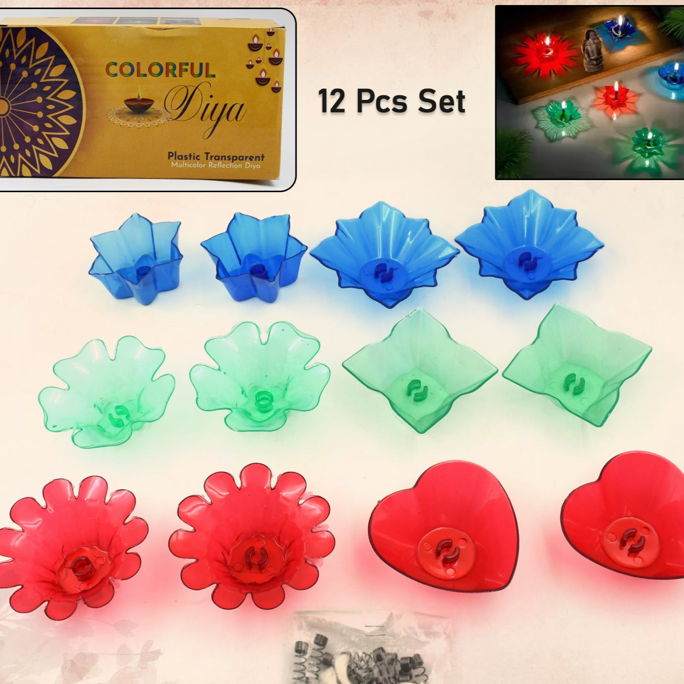 Magical Reflection Diya Set With 6 Attractive Design Cup Set Of 12 Pieces - Happy Price - Image 1