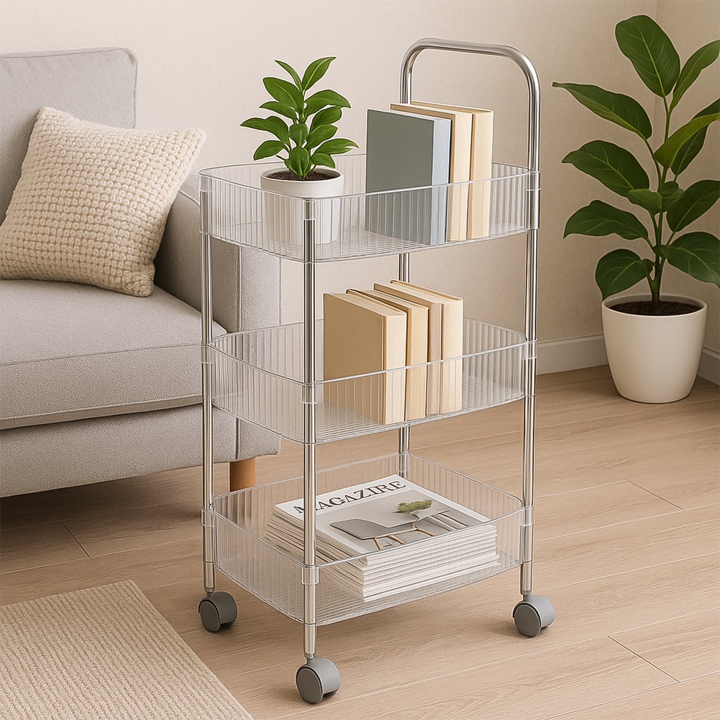 3-Tier Rolling Storage Trolley with Wheels - Metal Frame & Transparent Baskets - Happy Price - Image 6